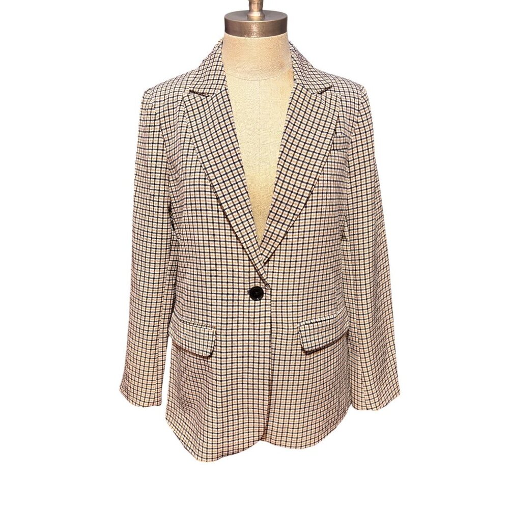 Vince Camuto‎ Women's Small Brown/Black/Cream Plaid Single-Button Blazer Jacket